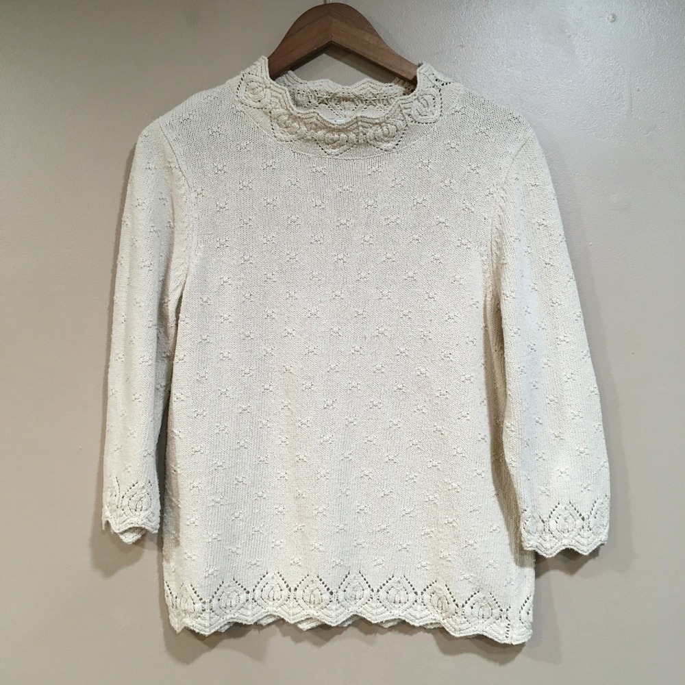 NorthStyle Silk Cotton Dainty Pointelle Sweater Womens M Cream Feminine Cottage